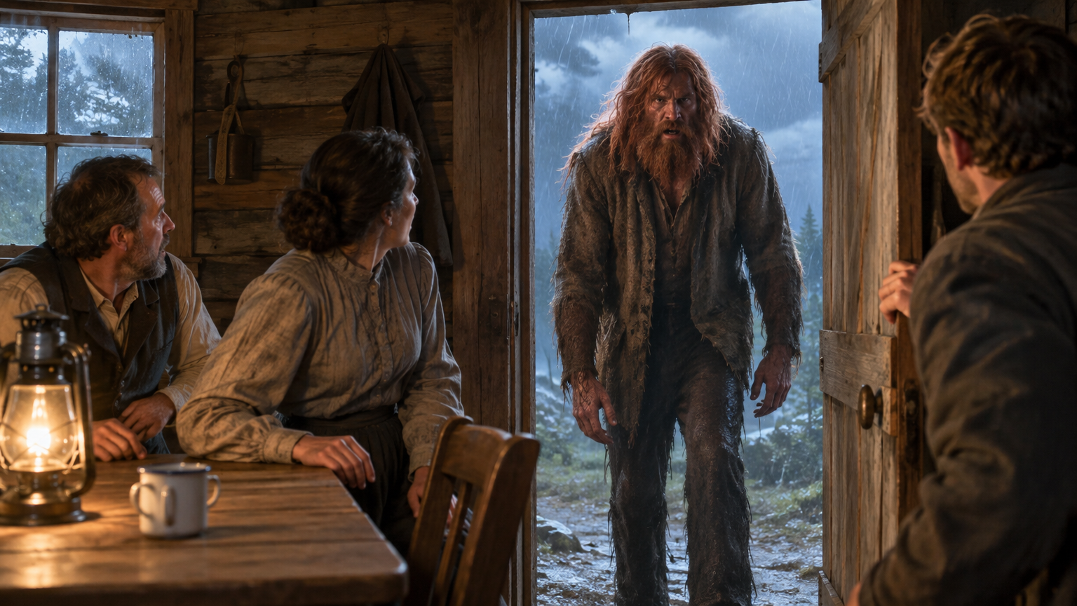 Figures watch from a hut as a red-haired, long-armed man stands in heavy rain.